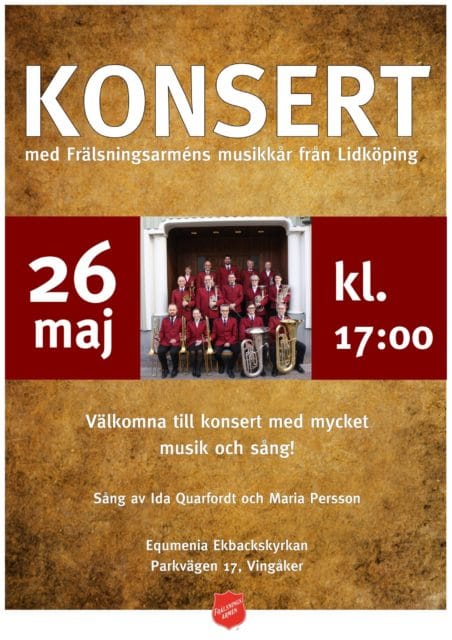 Konsert Frälsningsarméns musikkår. Söndag 26 maj kl 17.00